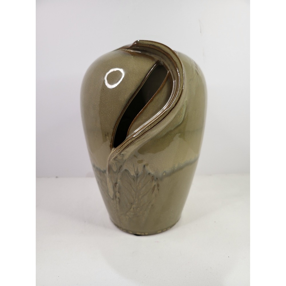 Artisan Studio Pottery Slit Vase Olive Green Celadon Glaze Wheat Motif 10.5"